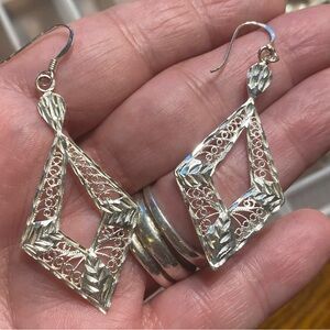 Vintage Antique Sterling Silver 925 Earrings Filigree Rhombus Dangle Hook